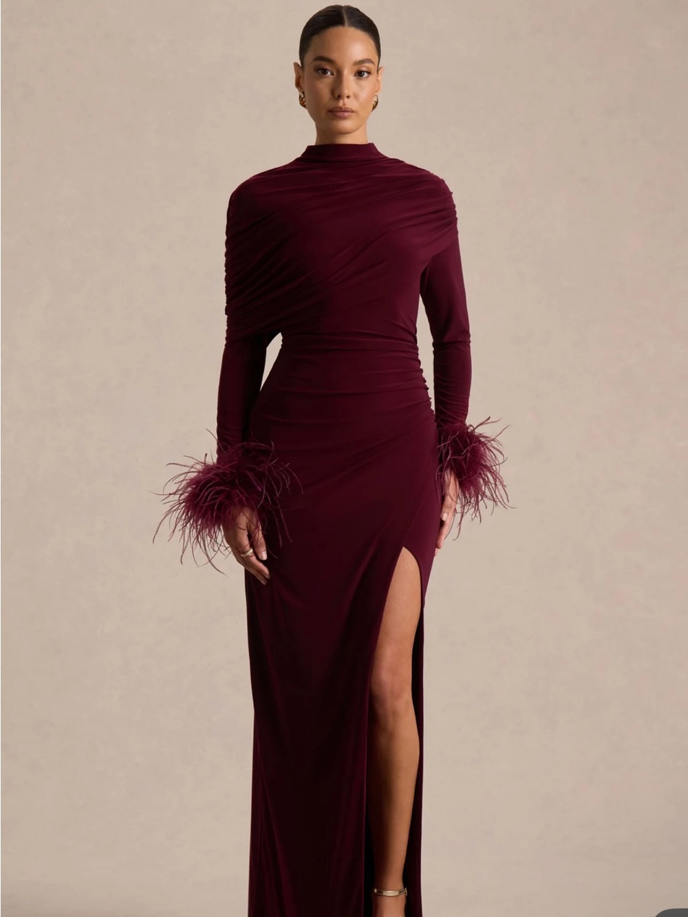 NWT Club L London GATSBY Burgundy High Neck Maxi Dress Feather Trim Cuffs Size10 - Picture 4 of 6